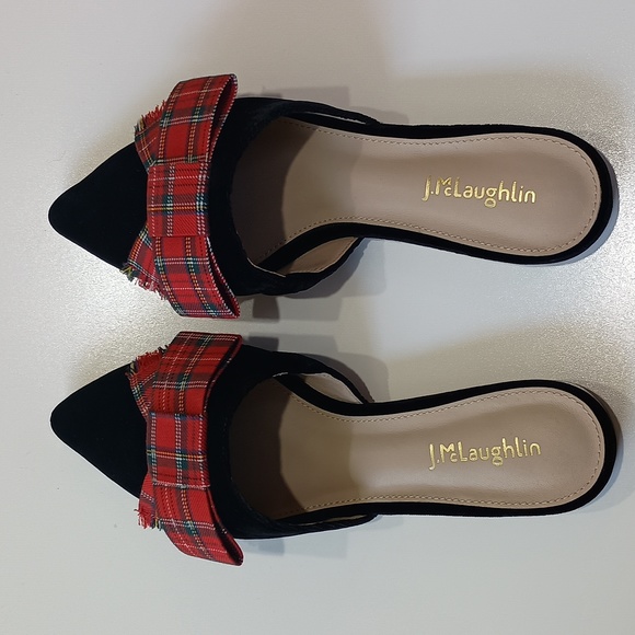 J Mclaughlin - Velvet Tartan bow Plaid Pointed Toe Slides - Picture 4 of 7